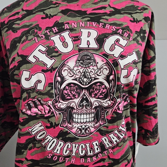 New Sturgis 75th Anniversary Pink Camo Skull Graphic Plus Size T-Shirt 2XL Tee - Picture 7 of 14